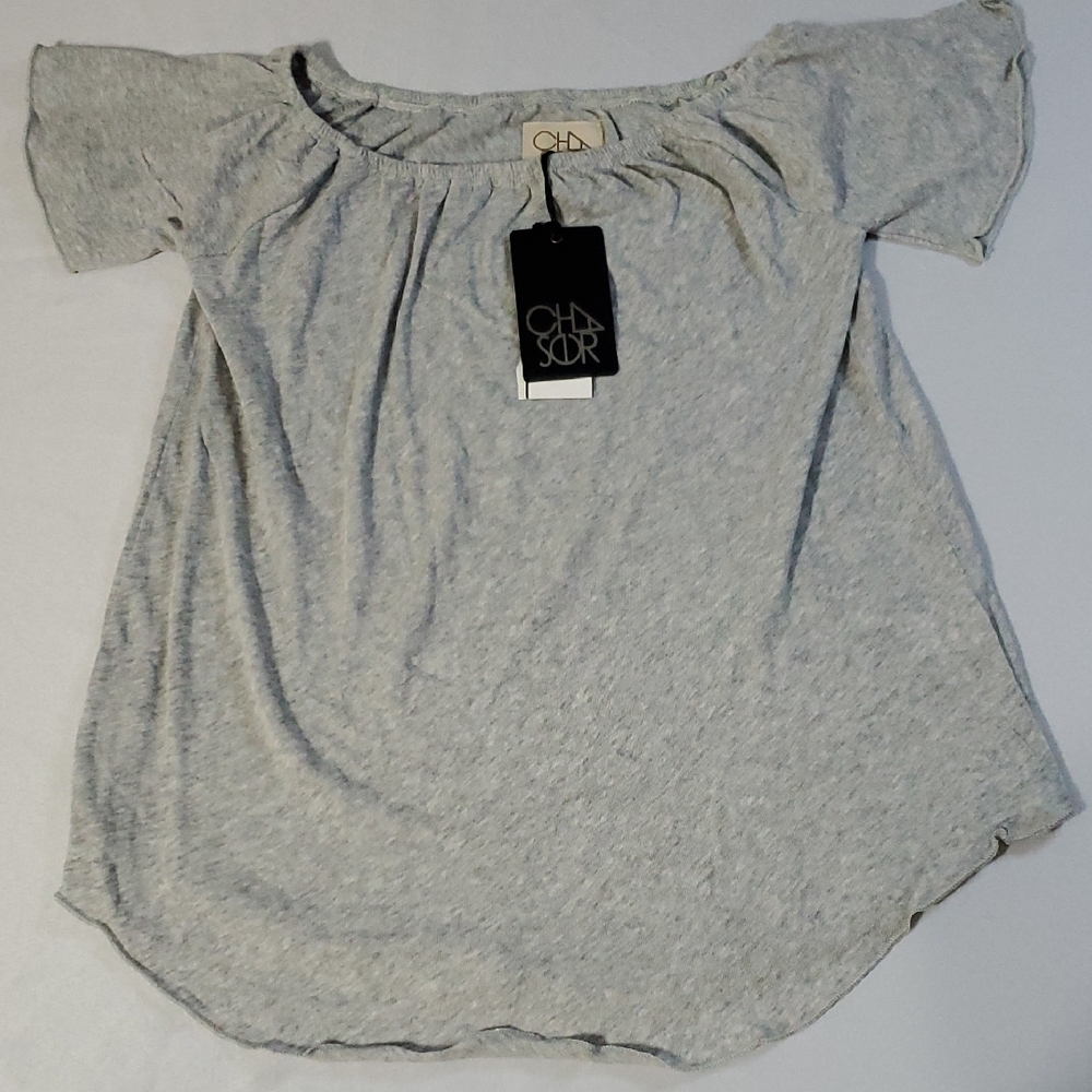 Chaser NWT Women's Lightweight Heathered Gray Cotton Knit Boatneck Top Sz Large
